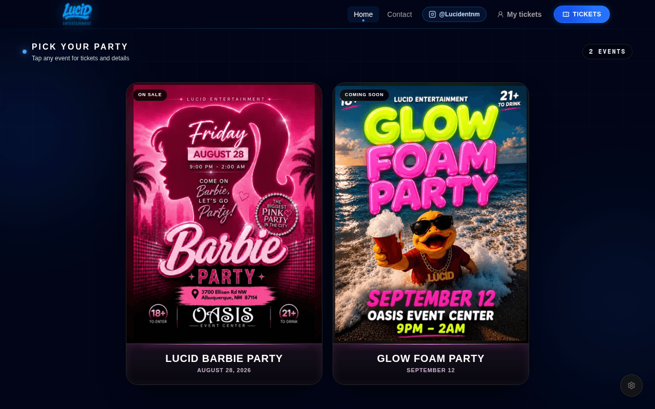 Lucid Events homepage at lucidabq.com